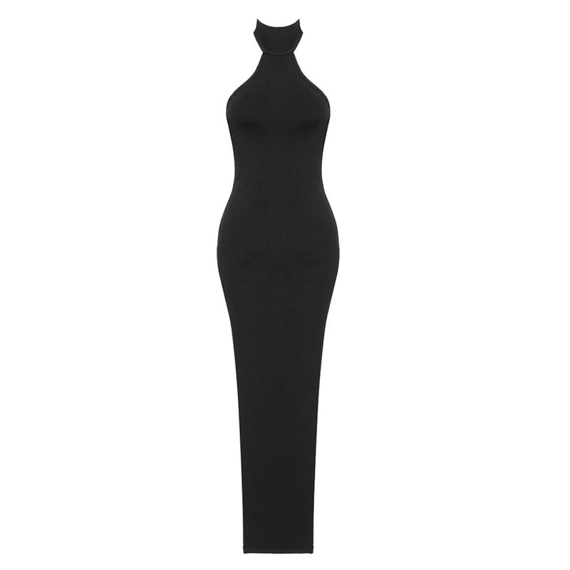 Sexy Solid Halter Neck Open Back Split High Bodycon Bandage Maxi Evening Dress