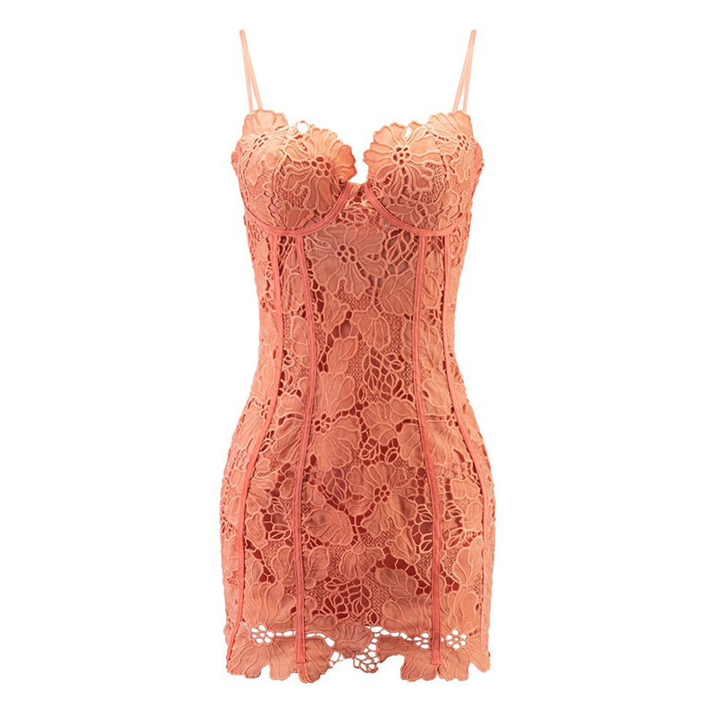 Sexy Spaghetti Strap Bustier Bodycon Floral Embroidered Lace Mini Dress