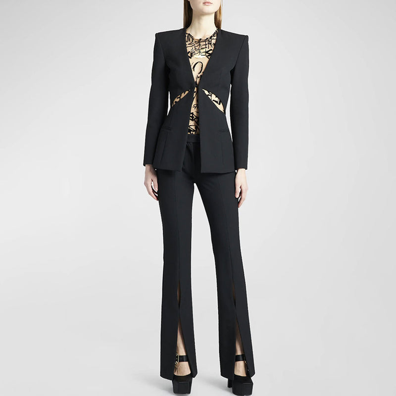 Sexy Split Leg Single Breasted Long Sleeve Tailored Cutout Blazer Matching Set