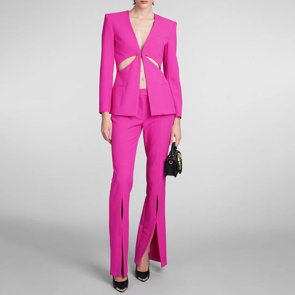 Sexy Split Leg Single Breasted Long Sleeve Tailored Cutout Blazer Matching Set