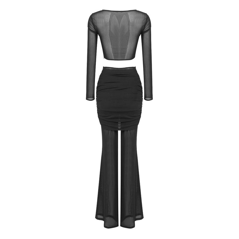 Sexy Twist Cutout Ruched High Waist Flare Pants Sheer Mesh Matching Set