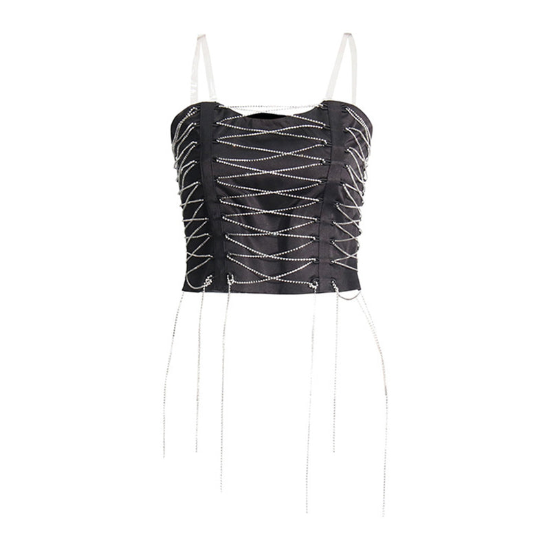 Shimmering Crystal Embellished Lace Up Fringed Silky Satin Crop Tube Top