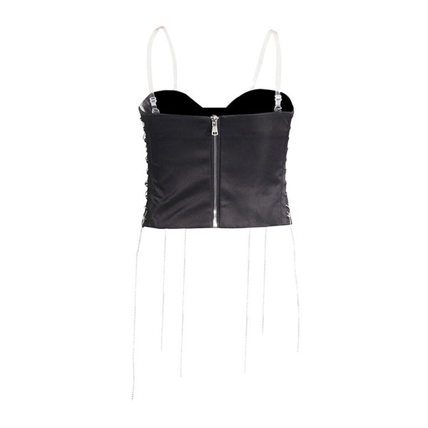 Shimmering Crystal Embellished Lace Up Fringed Silky Satin Crop Tube Top