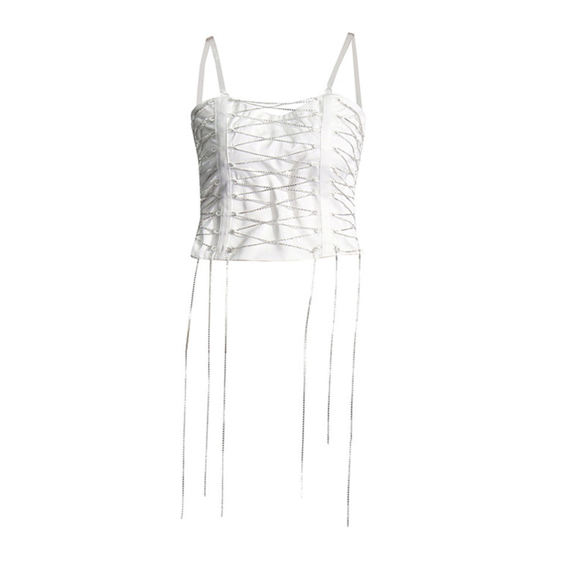 Shimmering Crystal Embellished Lace Up Fringed Silky Satin Crop Tube Top