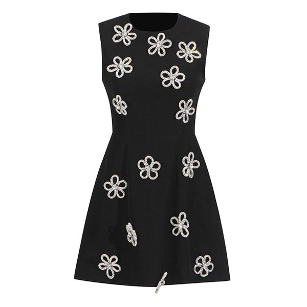 Shimmering Crystal Floral Embellished Crew Neck Sleeveless Skater Mini Dress