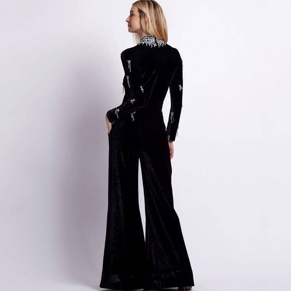 Shimmering Crystal Mock Neck Long Sleeve Wide Leg Bandage Jumpsuit