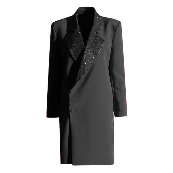 Shimmering Crystal Notch Lapel Padded Long Sleeve Single Breasted Blazer Coat