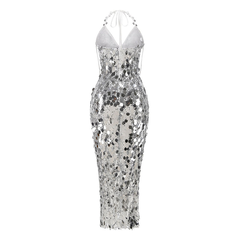 Shimmering Halter Crystal Fringe Sequin Embellished Split Midi Cocktail Dress