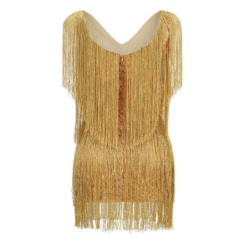 Shimmering Sequined V Neck Layered Fringe Sleeveless Mini Dance Party Dress