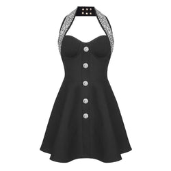 Shiny Crystal Buttoned Halter Bustier Sleeveless Bandage Skater Mini Dress