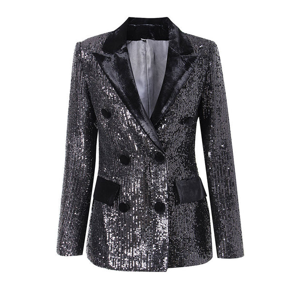 Shiny Velvet Panel Peak Lapel Double Breasted Tailored Sequin Blazer