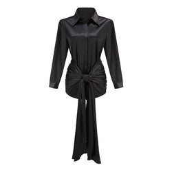 Silky Collared Button Up Long Sleeve Ruched Bow Tie Satin Shirt Mini Dress