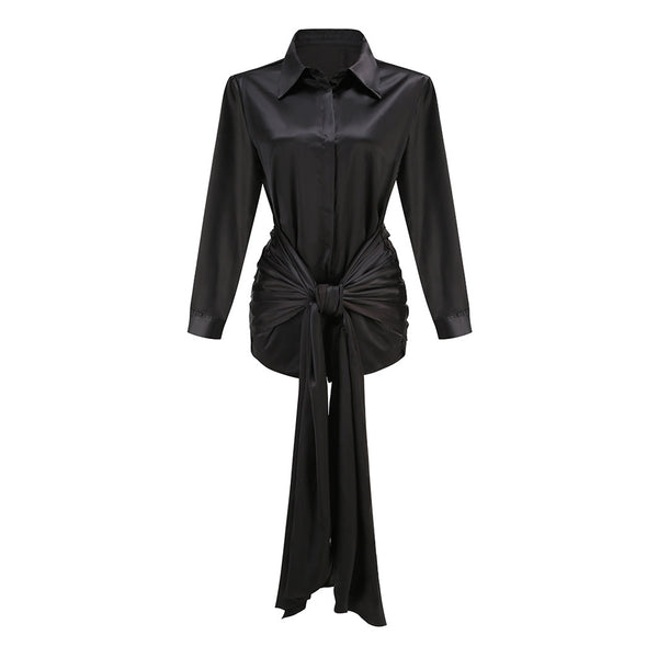 Silky Collared Button Up Long Sleeve Ruched Bow Tie Satin Shirt Mini Dress