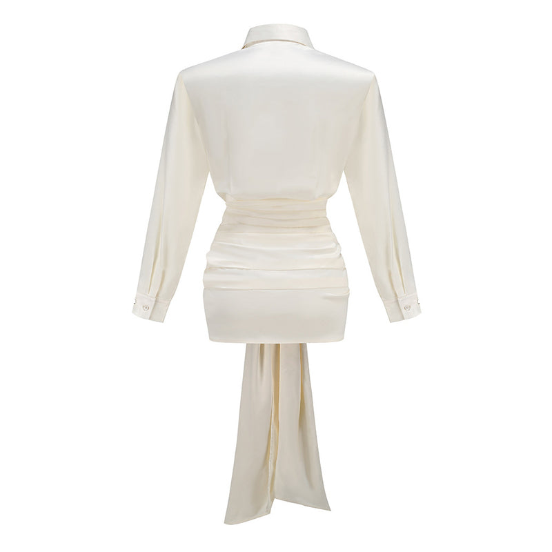 Silky Collared Button Up Long Sleeve Ruched Bow Tie Satin Shirt Mini Dress