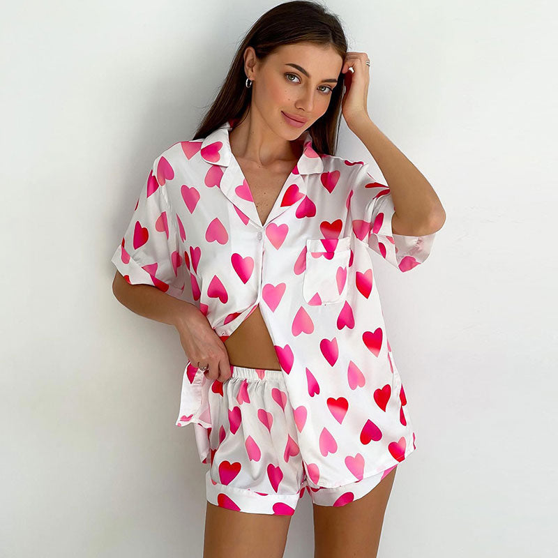 Silky Satin Heart Printed Lapel Button Up Blouse High Rise Shorts Lounge Set