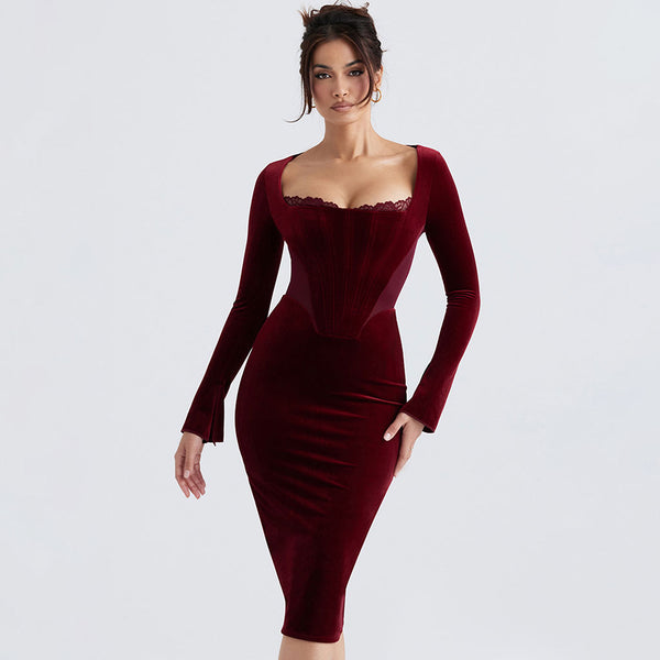 Sophisticated Lace Trim Square Neck Long Sleeve Bodycon Velvet Corset Midi Dress