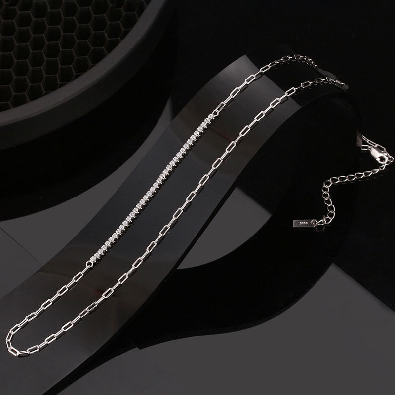 Sparkle Cubic Zirconia Sterling Silver Paper Clip Link Choker Necklace