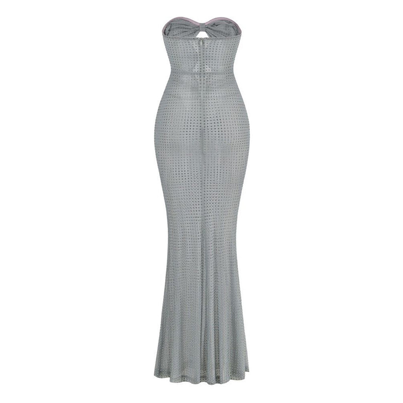 Sparkly Crystal Bow Cutout Ruched Strapless Sheer Mesh Fishtail Maxi Dress