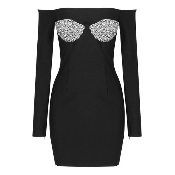 Sparkly Crystal Bra Embellished Off Shoulder Long Sleeve Mini Bandage Dress