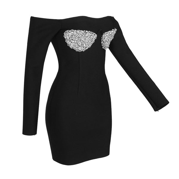 Sparkly Crystal Bra Embellished Off Shoulder Long Sleeve Mini Bandage Dress