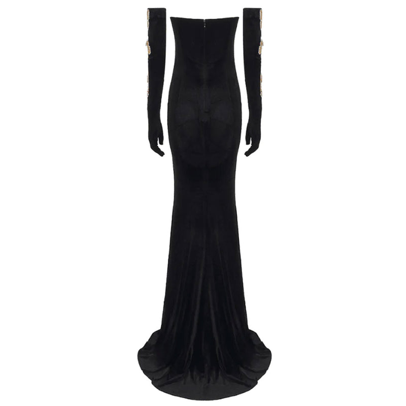 Sparkly Crystal Butterfly Gloved Plunge Strapless Velvet Fishtail Maxi Evening Dress