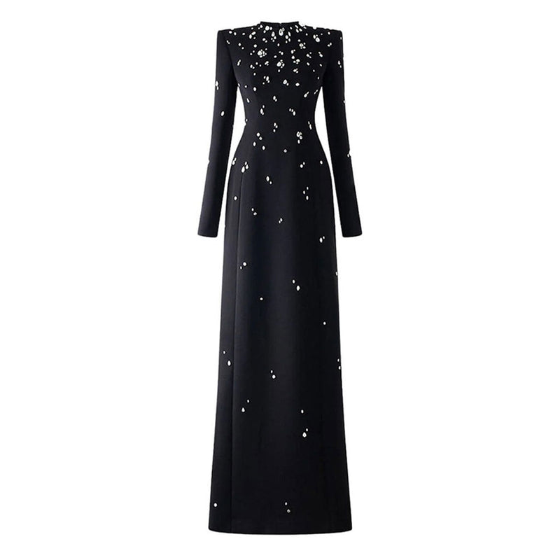 Sparkly Crystal Crew Neck Shoulder Pad Long Sleeve Crepe Maxi Evening Dress