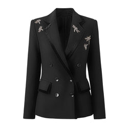 Sparkly Crystal Dragonfly Velvet Trim Lapel Double Breasted Tailored Blazer