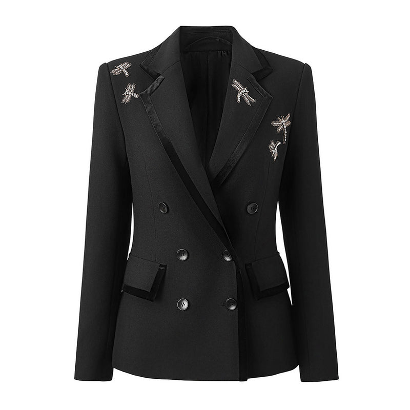 Sparkly Crystal Dragonfly Velvet Trim Lapel Double Breasted Tailored Blazer