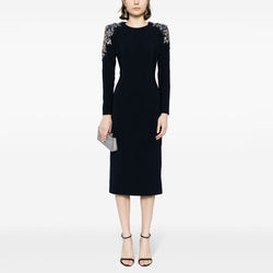 Sparkly Crystal Embellished Padded Shoulder Long Sleeve Crepe Midi Dress