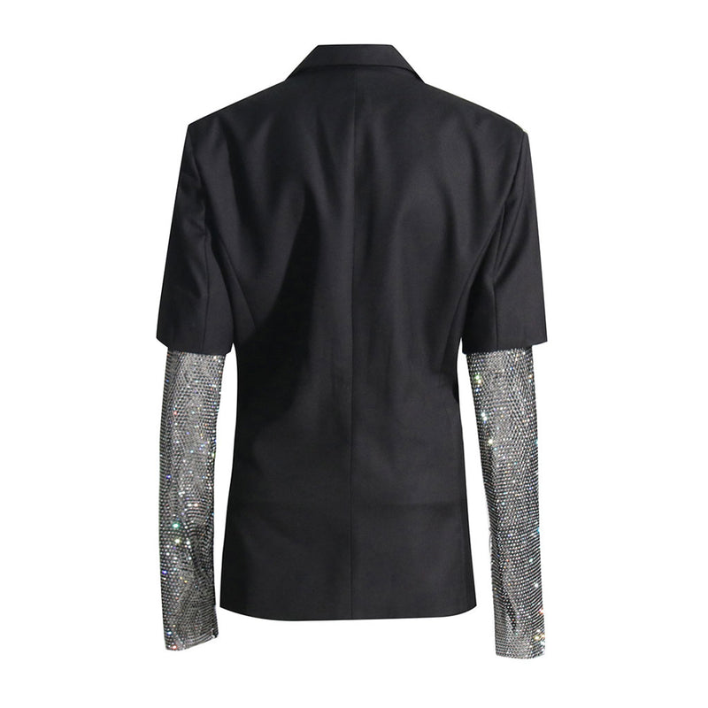 Sparkly Crystal Mesh Sleeve Peak Lapel Collar Shoulder Pad Hybrid Blazer