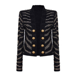 Sparkly Diamante Studded Zebra Print Long Sleeve Open Front Tweed Knit Jacket