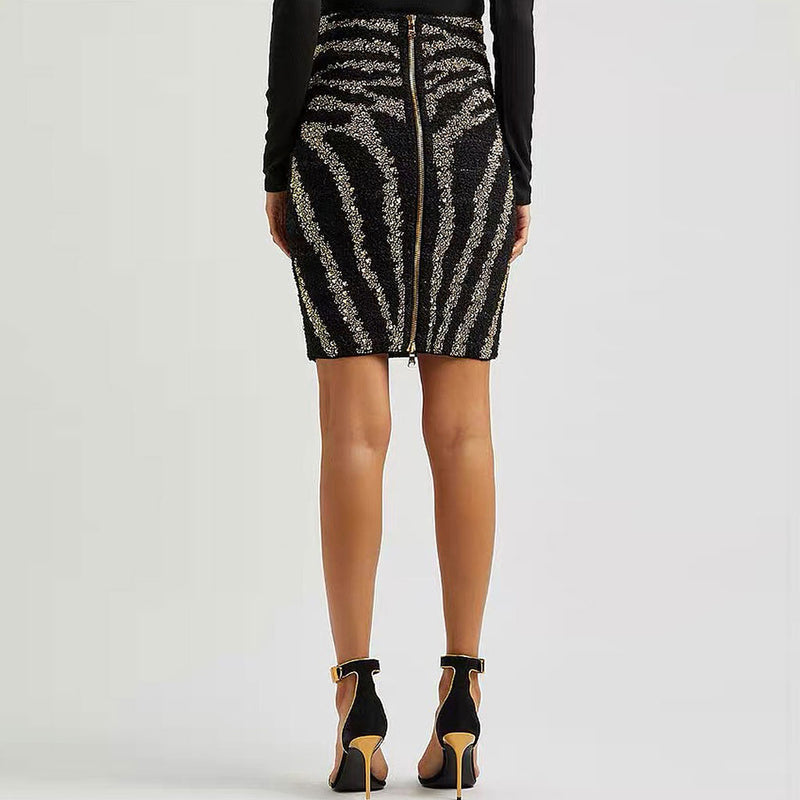 Sparkly Diamante Studded Zebra Print Mid Waist Tweed Knit Mini Pencil Skirt