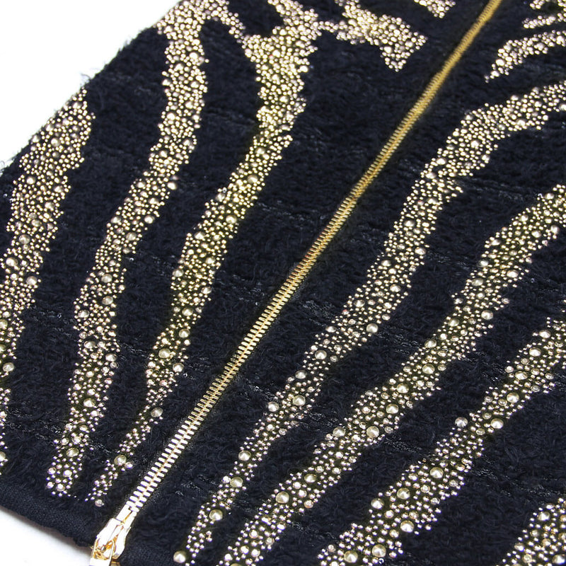 Sparkly Diamante Studded Zebra Print Mid Waist Tweed Knit Mini Pencil Skirt