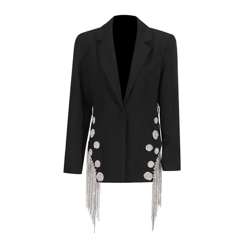 Sparkly Lapel Shoulder Pad Long Sleeve Spiral Rhinestone Fringe Blazer