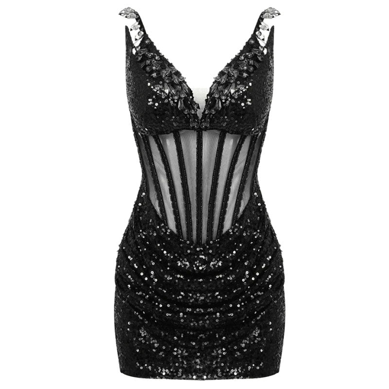 Sparkly Plunge Rhinestone Sequin Ruched Sheer Mesh Bodycon Corset Mini Dress