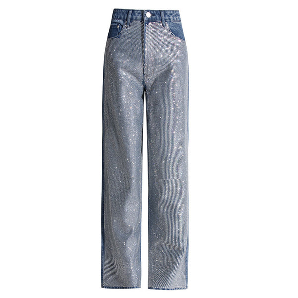 Sparkly Rhinestone Detail Pocket High Waist Straight Leg Jeans