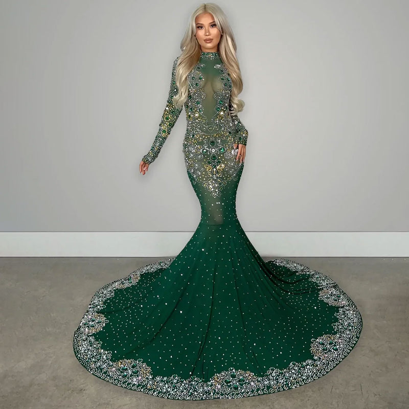 Sparkly Rhinestone Embellished High Neck Long Sleeve Mesh Mermaid Maxi Evening Dress