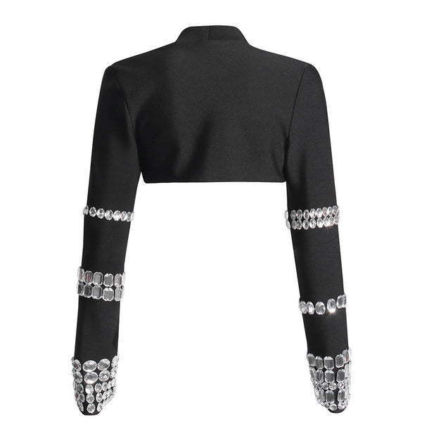 Sparkly Rhinestone Embellished Long Sleeve Collarless Open Front Bolero Jacket