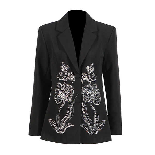 Sparkly Rhinestone Floral Lapel Collar Padded Shoulder Single Breasted Blazer