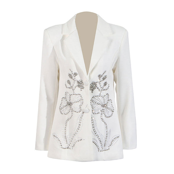 Sparkly Rhinestone Floral Lapel Collar Padded Shoulder Single Breasted Blazer