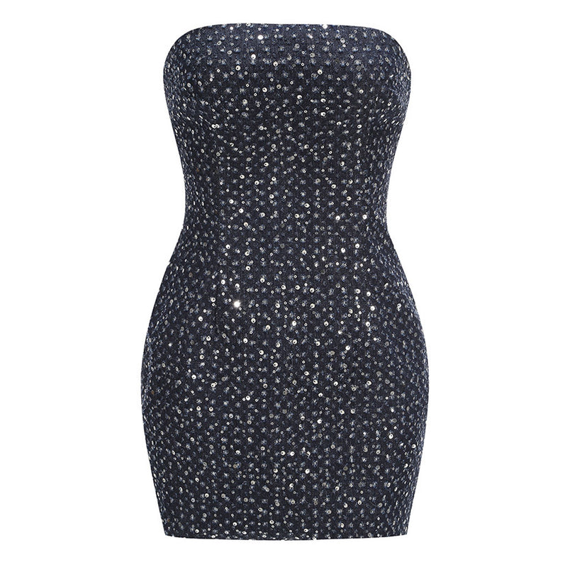 Sparkly Sequin Embellished Bodycon Ripped Denim Tube Mini Party Dress