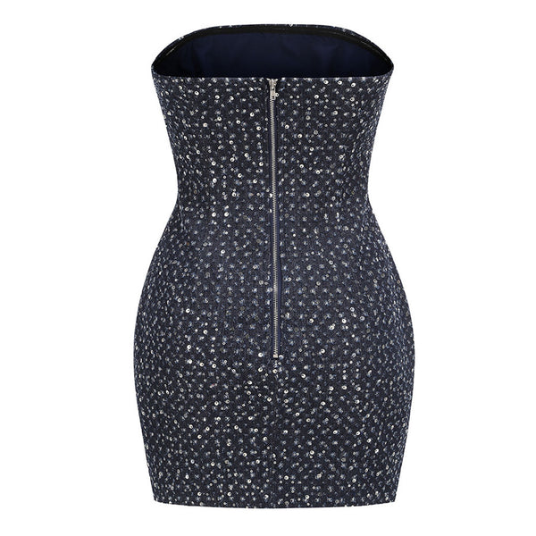 Sparkly Sequin Embellished Bodycon Ripped Denim Tube Mini Party Dress