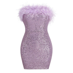 Sparkly Sequin Solid Color Feather Trim Strapless Bodycon Mini Party Dress