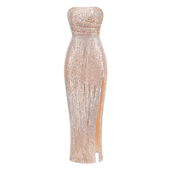 Sparkly Sequin Strapless Ruched Bodycon High Split Maxi Evening Dress