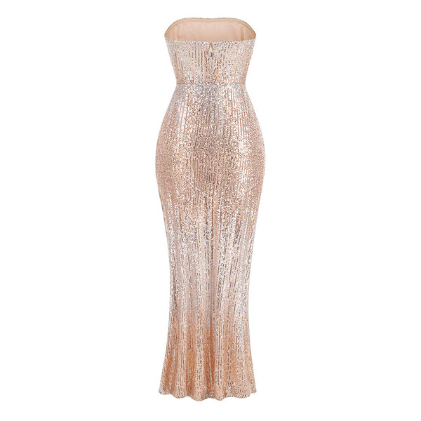 Sparkly Sequin Strapless Ruched Bodycon High Split Maxi Evening Dress