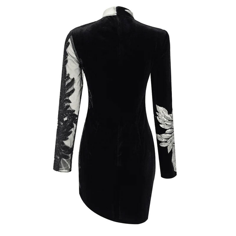 Sparkly Sequined Leaf Embellished Long Sleeve Sheer Mesh Panel Velvet Mini Dress