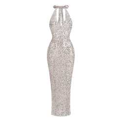 Sparkly Sheer Sequin Mesh Halter Backless Sheath Fishtail Maxi Formal Dress