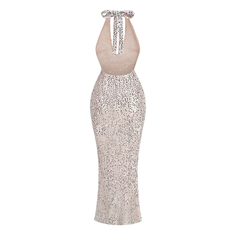 Sparkly Sheer Sequin Mesh Halter Backless Sheath Fishtail Maxi Formal Dress