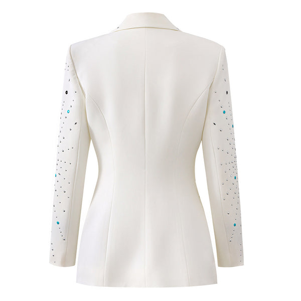 Starburst Galaxy Lapel Collar Padded Long Sleeve Cinch Waist Studded Blazer