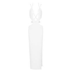 Strappy Crystal Cutout Halter Neck Thigh Split Maxi Bandage Evening Dress